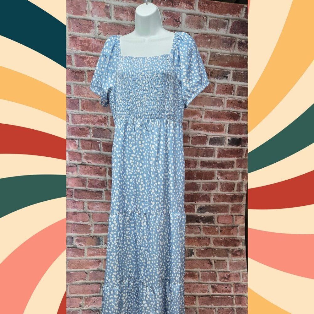 WhizMax Blue Polka Dot Maxi Dress 2XL Off Shoulder Smocked Bodice Cotton Blend